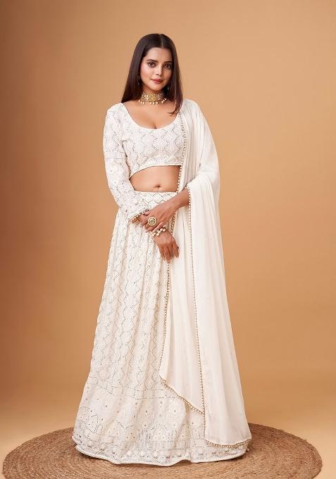 White Thread Embroidery Crepe Lehenga Set
