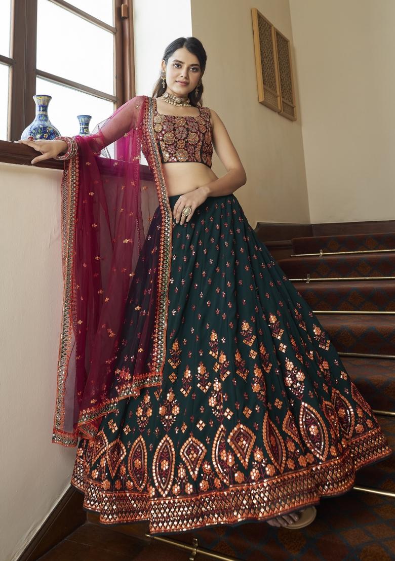 Green Thread Embroidery Crepe Lehenga Set