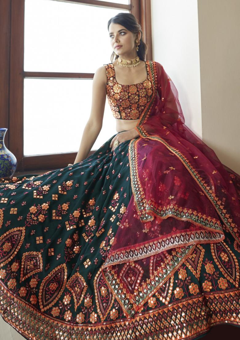 Green Thread Embroidery Crepe Lehenga Set - Indya