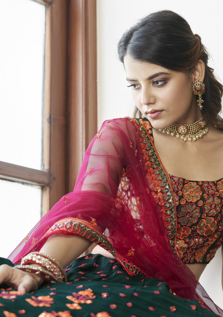Green Thread Embroidery Crepe Lehenga Set - Indya