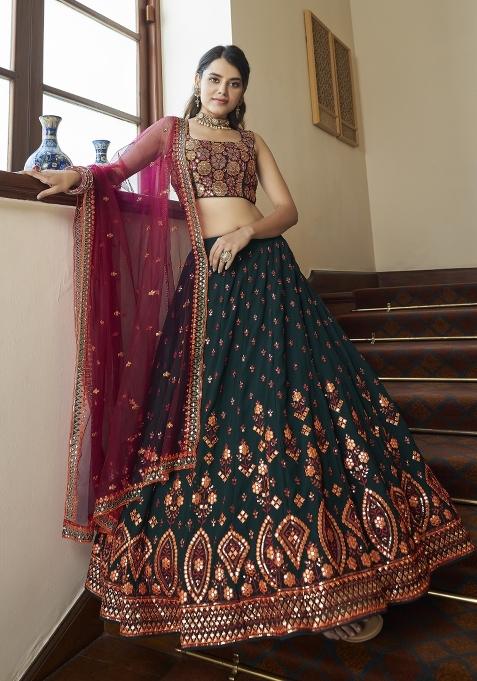 Green Thread Embroidery Crepe Lehenga Set