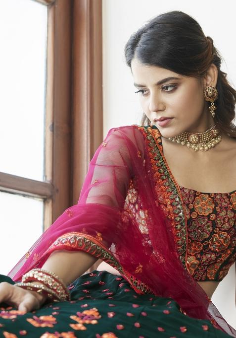 Green Thread Embroidery Crepe Lehenga Set