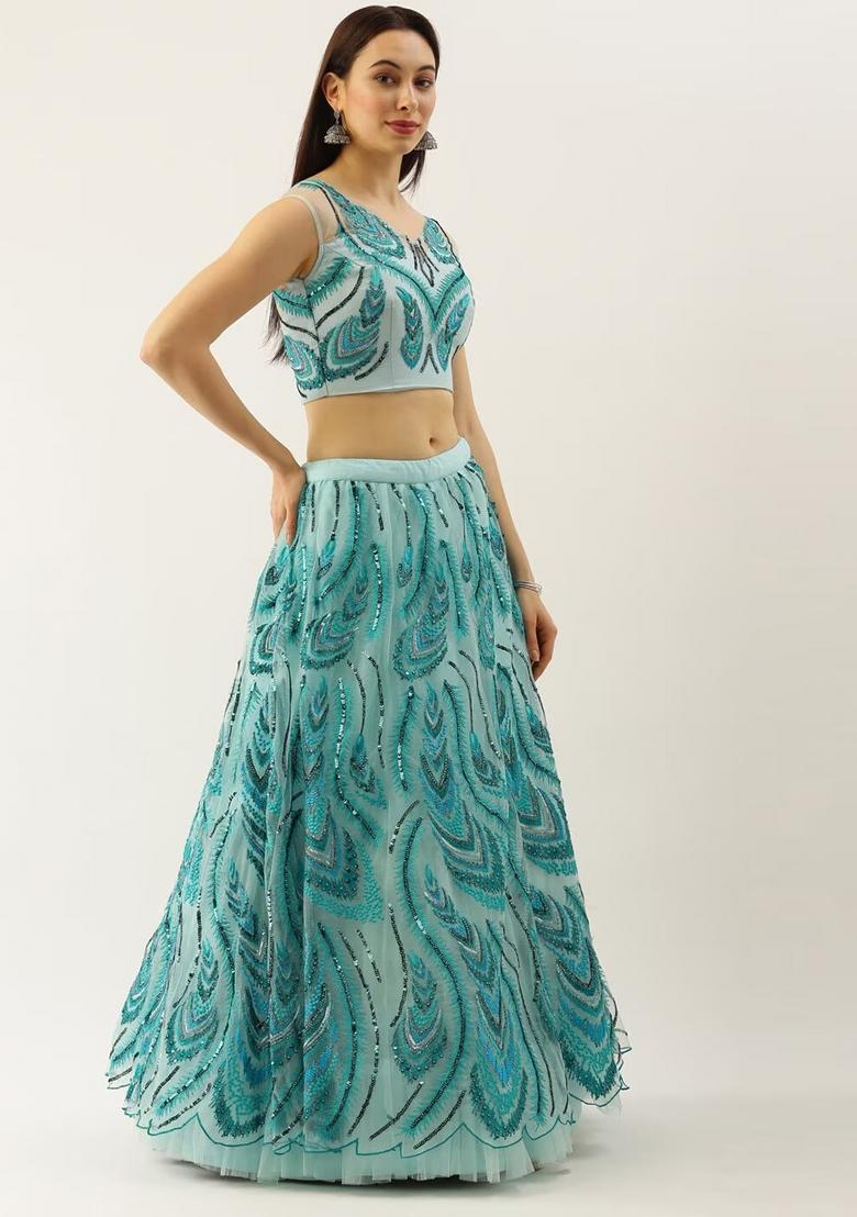 Sky Blue Thread Embroidery Crepe Lehenga Set - Indya