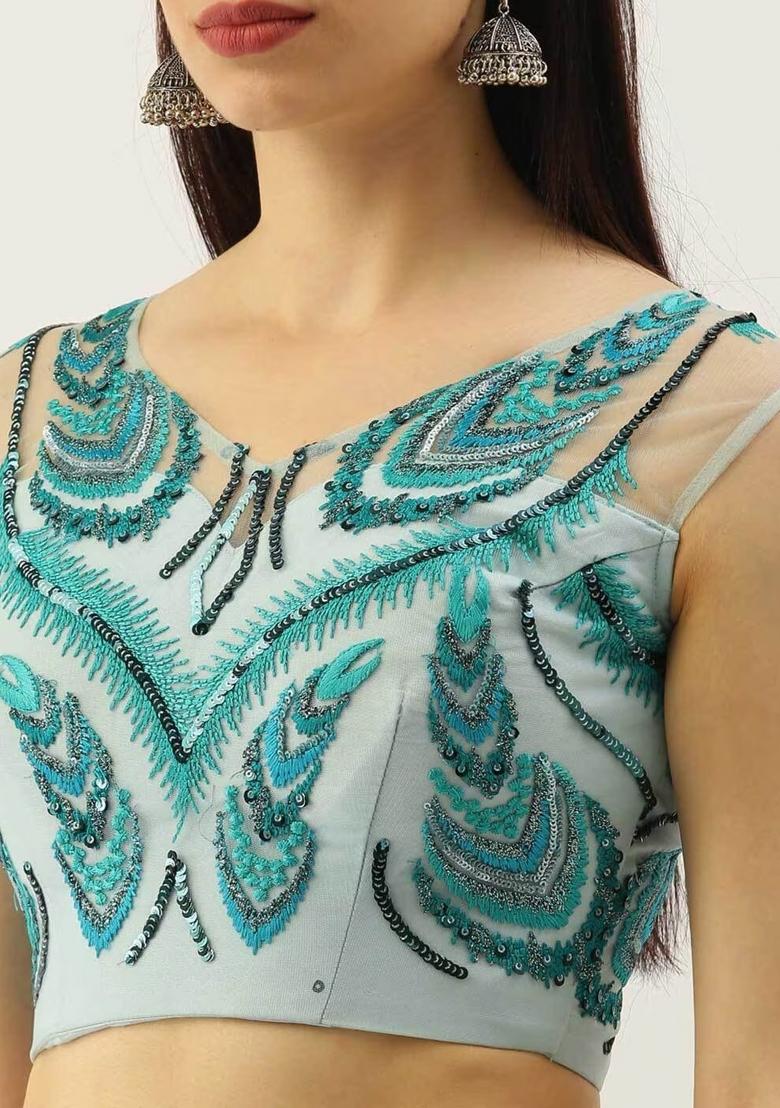 Sky Blue Thread Embroidery Crepe Lehenga Set - Indya