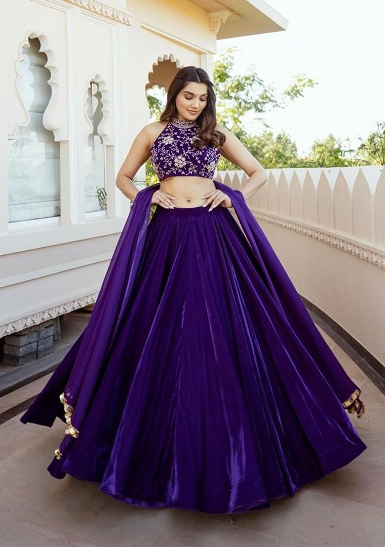 Purple Plain Crepe Lehenga Set - Indya