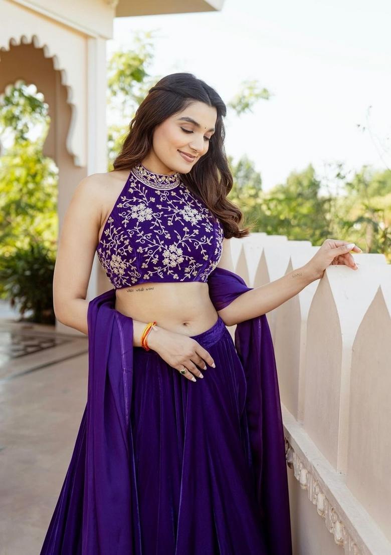 Purple Plain Crepe Lehenga Set - Indya