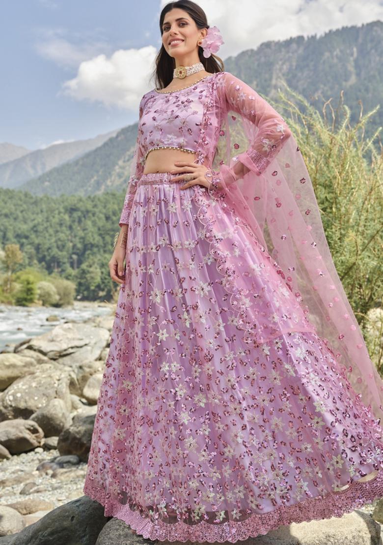 Lavender Sequins Work Crepe Lehenga Set - Indya
