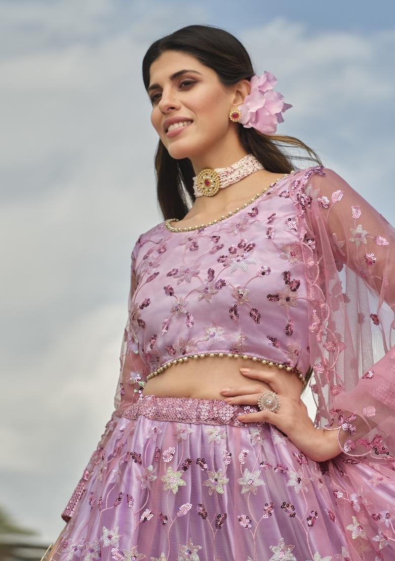 Lavender Sequins Work Crepe Lehenga Set - Indya