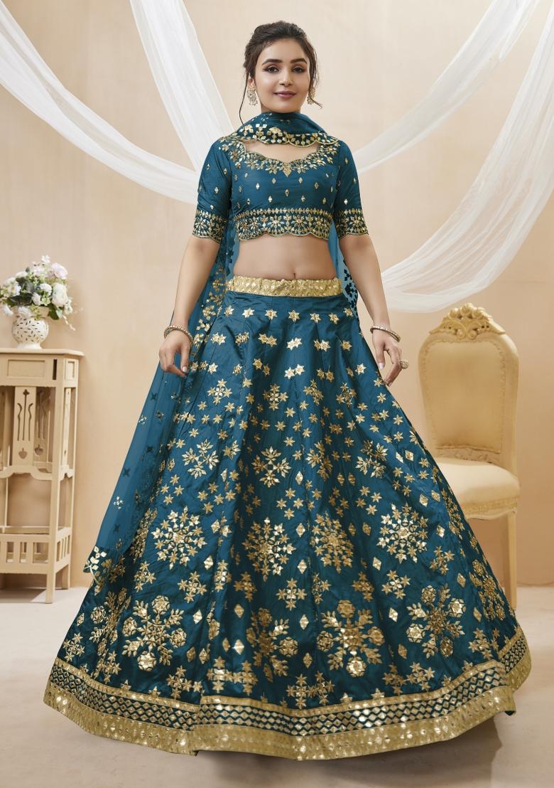 Blue Embroidered Crepe Lehenga Set - Indya