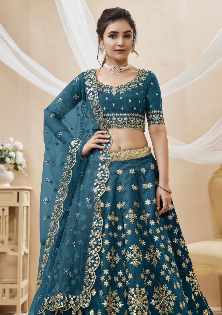 Blue Embroidered Crepe Lehenga Set - Indya