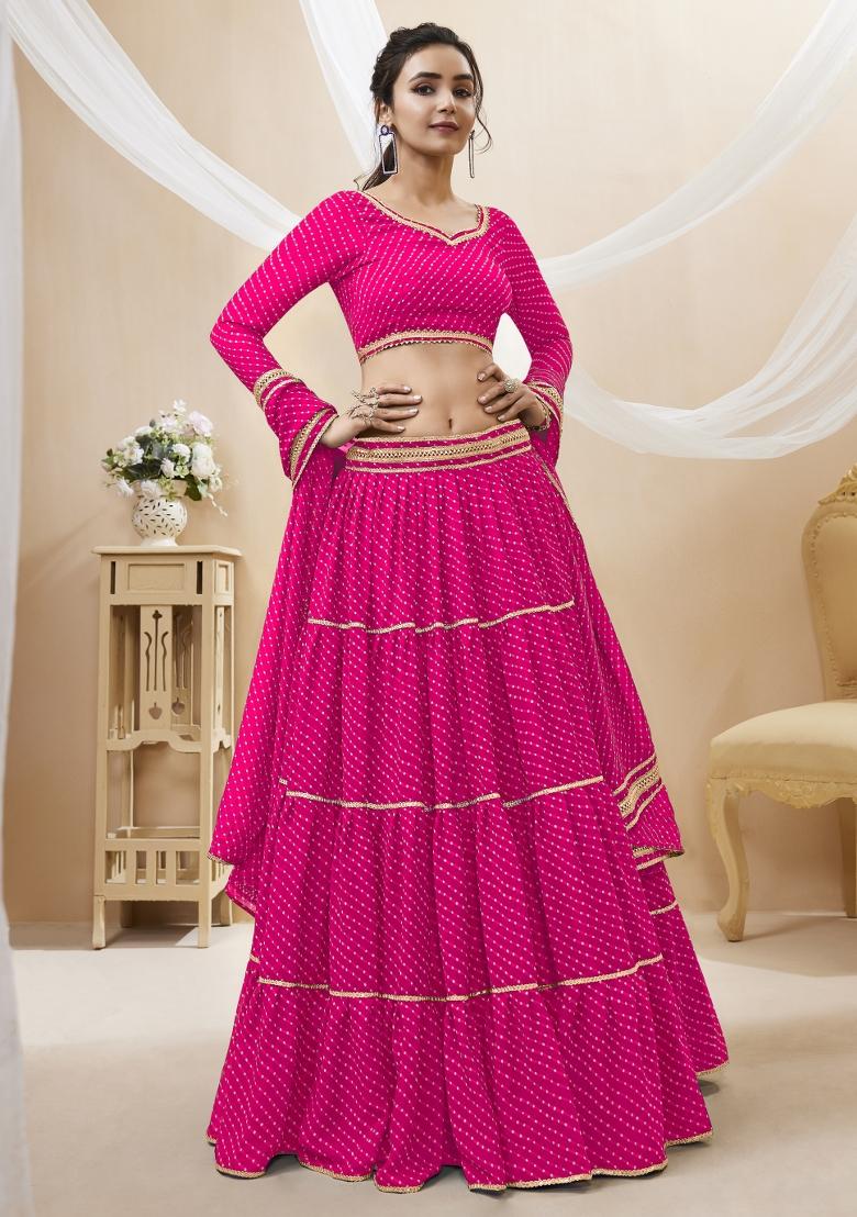 Pink Lehariya Crepe Lehenga Set - Indya