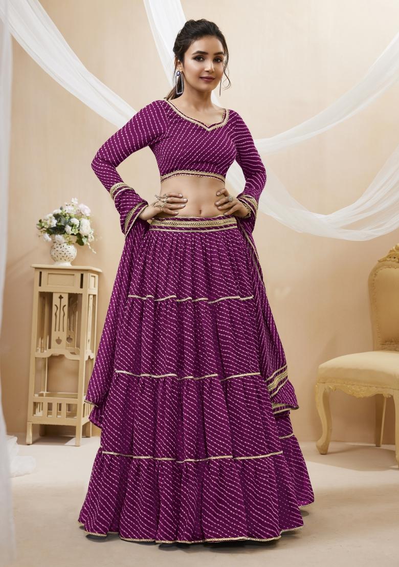 Purple Lehariya Crepe Lehenga Set - Indya
