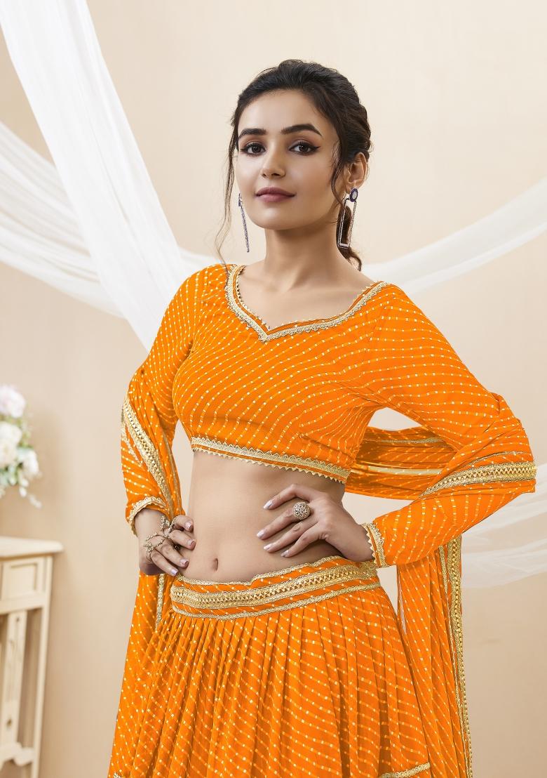 Orange Lehariya Crepe Lehenga Set - Indya