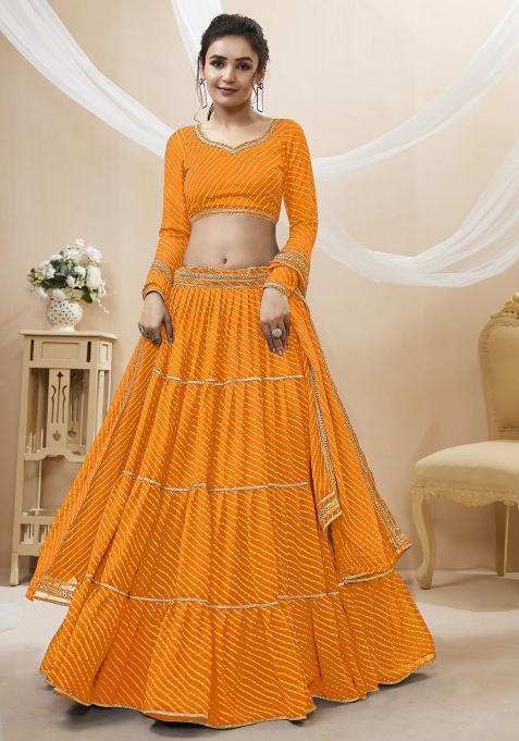 Orange Lehariya Crepe Lehenga Set