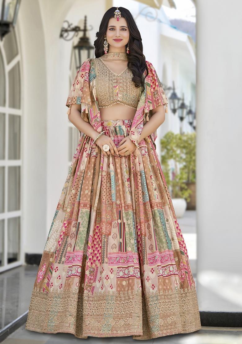 Beige Embroidered Crepe Lehenga Set