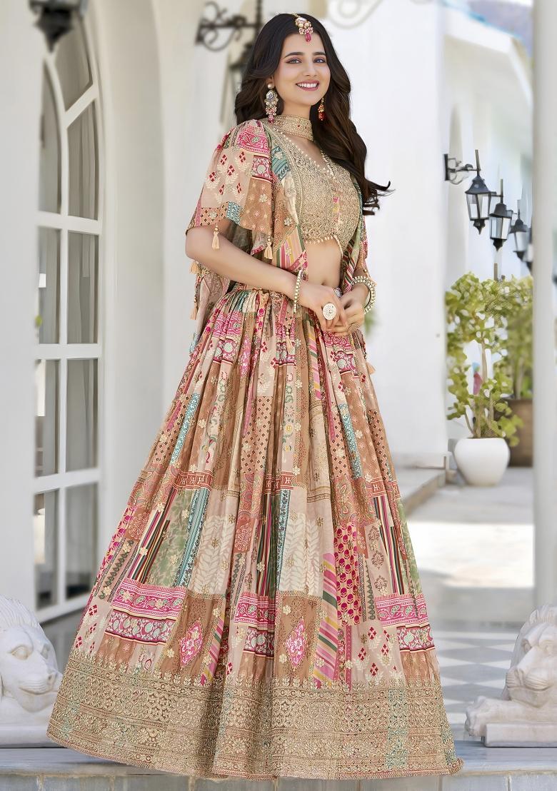 Beige Embroidered Crepe Lehenga Set - Indya