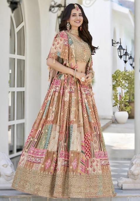 Beige Embroidered Crepe Lehenga Set