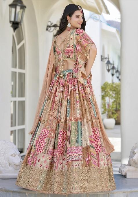 Beige Embroidered Crepe Lehenga Set