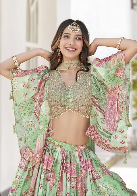 Green Embroidered Crepe Lehenga Set