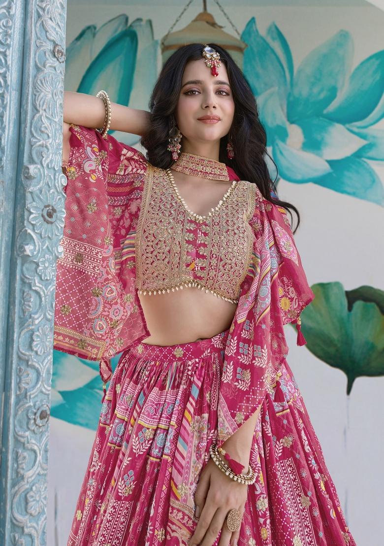 Pink Embroidered Crepe Lehenga Set - Indya