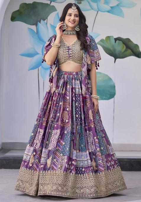 Purple Embroidered Crepe Lehenga Set