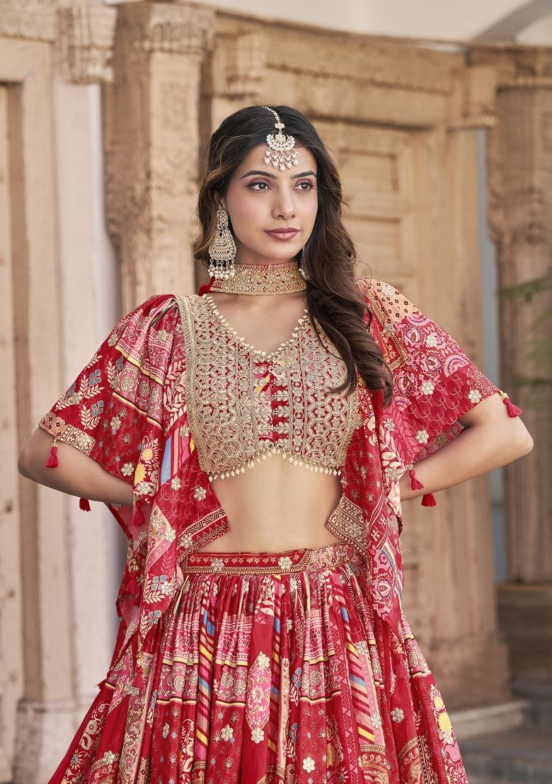 Red Embroidered Crepe Lehenga Set - Indya