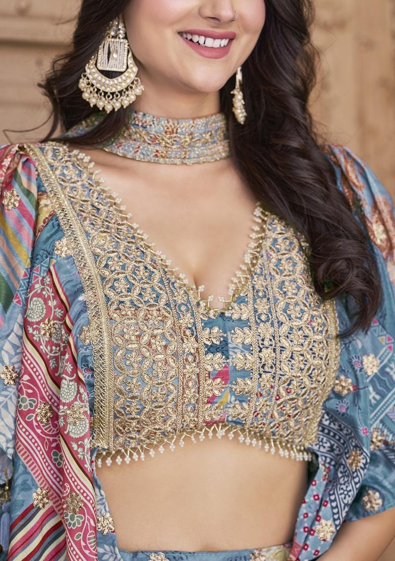 Sky Blue Embroidered Crepe Lehenga Set - Indya