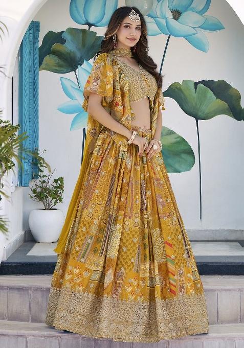 Yellow Embroidered Crepe Lehenga Set