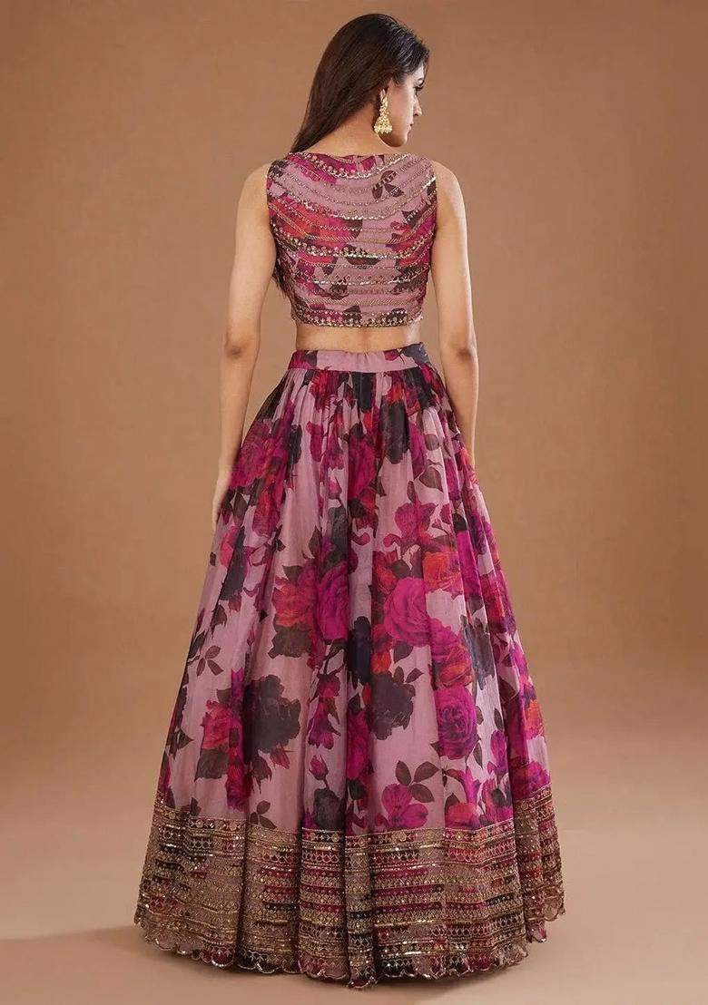 Pink Embroidered Crepe Lehenga Set - Indya