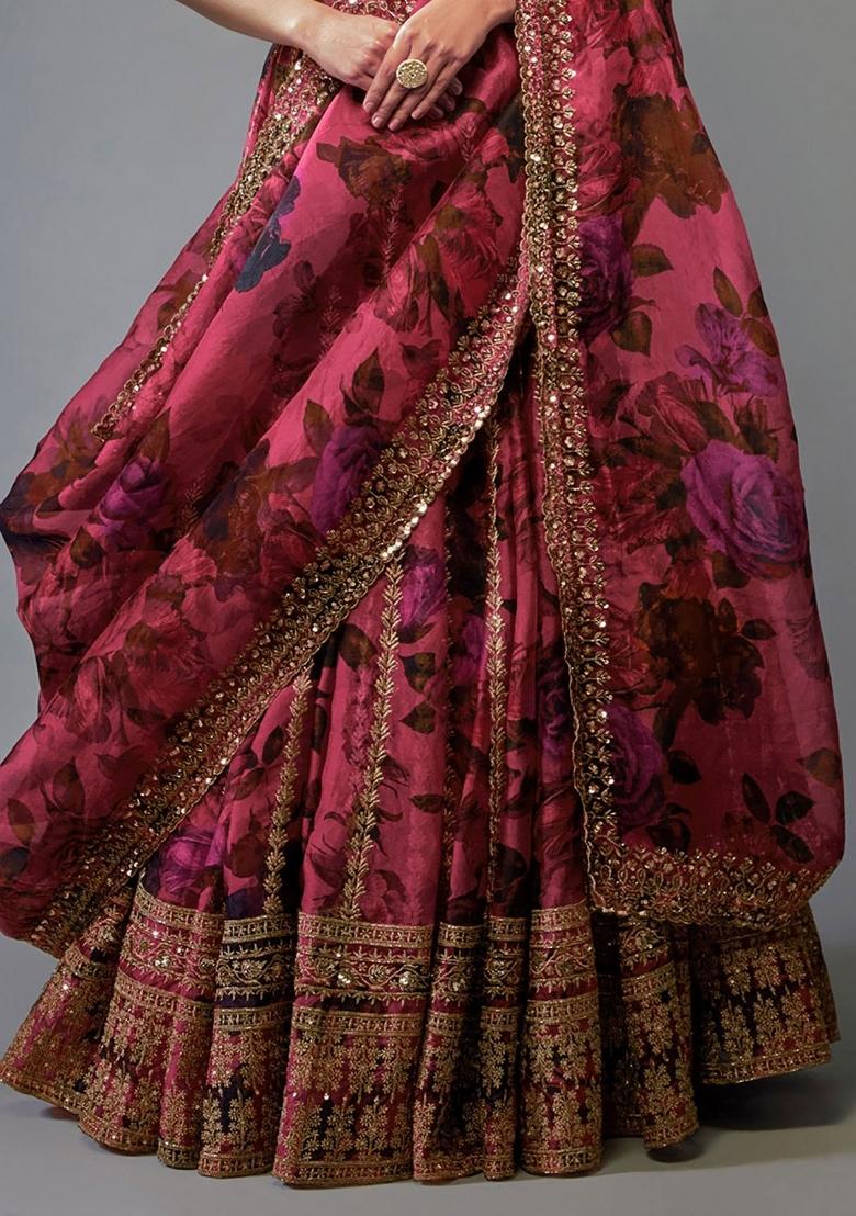 Pink Embroidered Crepe Lehenga Set - Indya