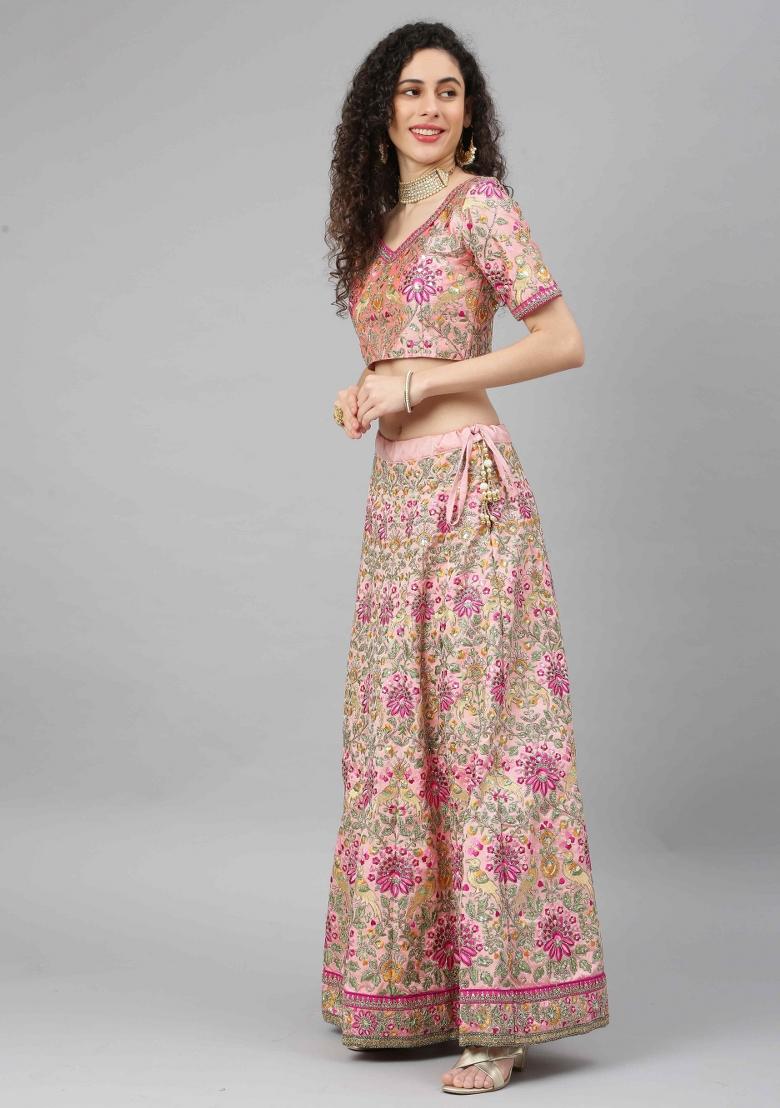Pink Thread Embroidery Crepe Lehenga Set - Indya