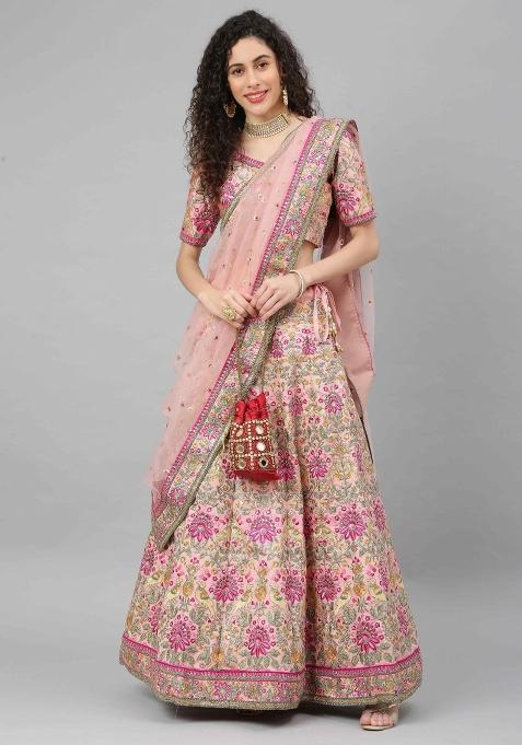 Pink Thread Embroidery Crepe Lehenga Set