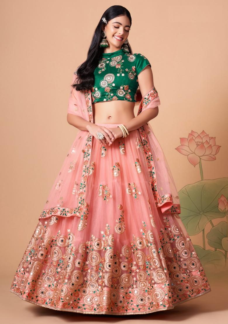 Green Thread Embroidery Crepe Lehenga Set