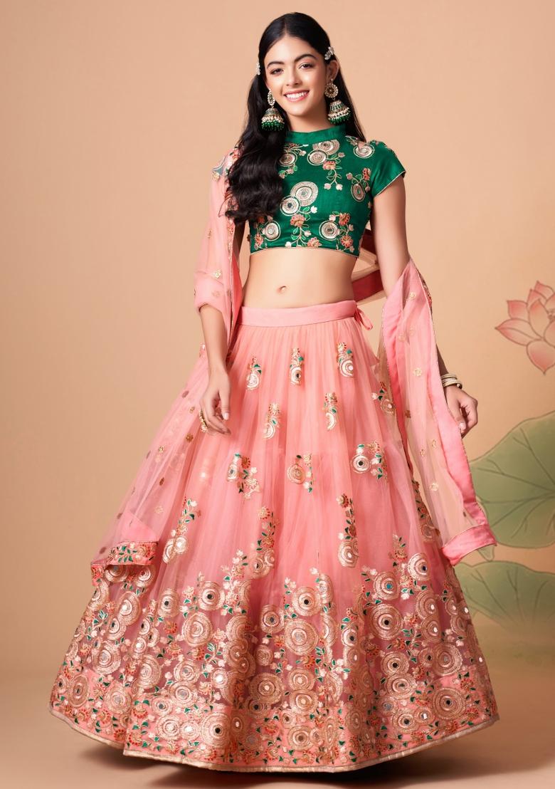 Green Thread Embroidery Crepe Lehenga Set - Indya