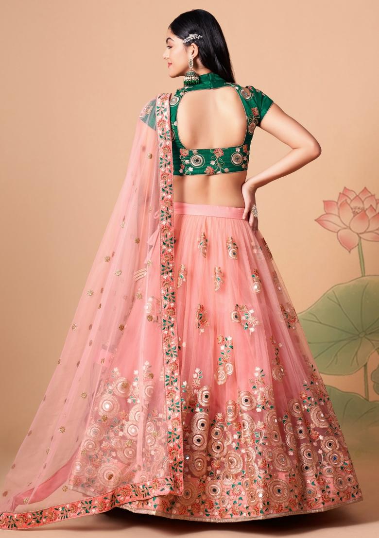 Green Thread Embroidery Crepe Lehenga Set