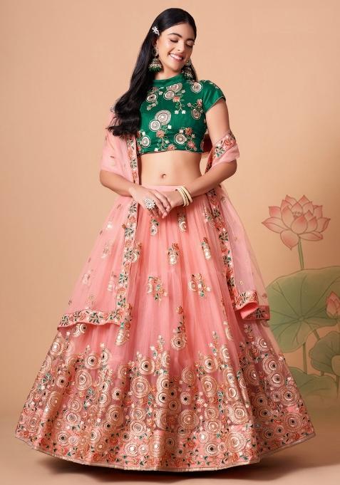 Green Thread Embroidery Crepe Lehenga Set