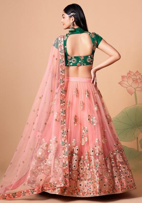 Green Thread Embroidery Crepe Lehenga Set