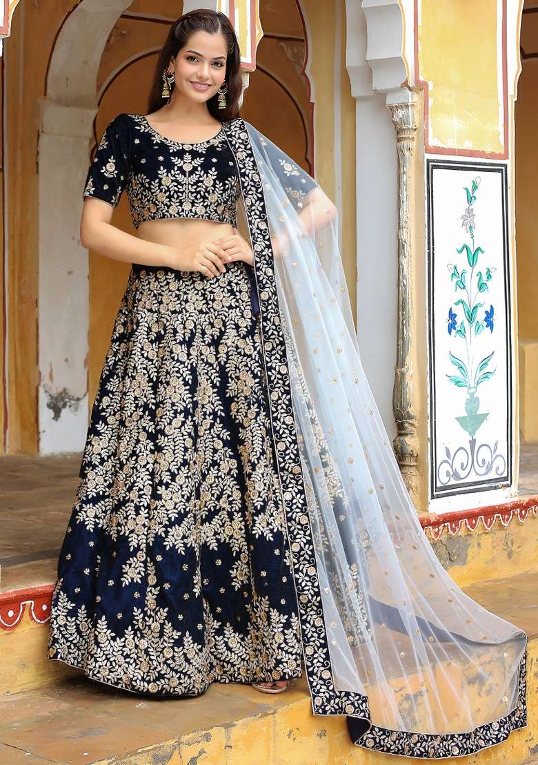 Navy Blue Zari Work Crepe Lehenga Set - Indya