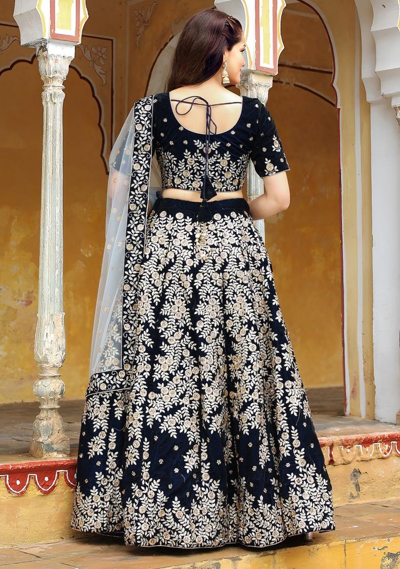 Navy Blue Zari Work Crepe Lehenga Set - Indya