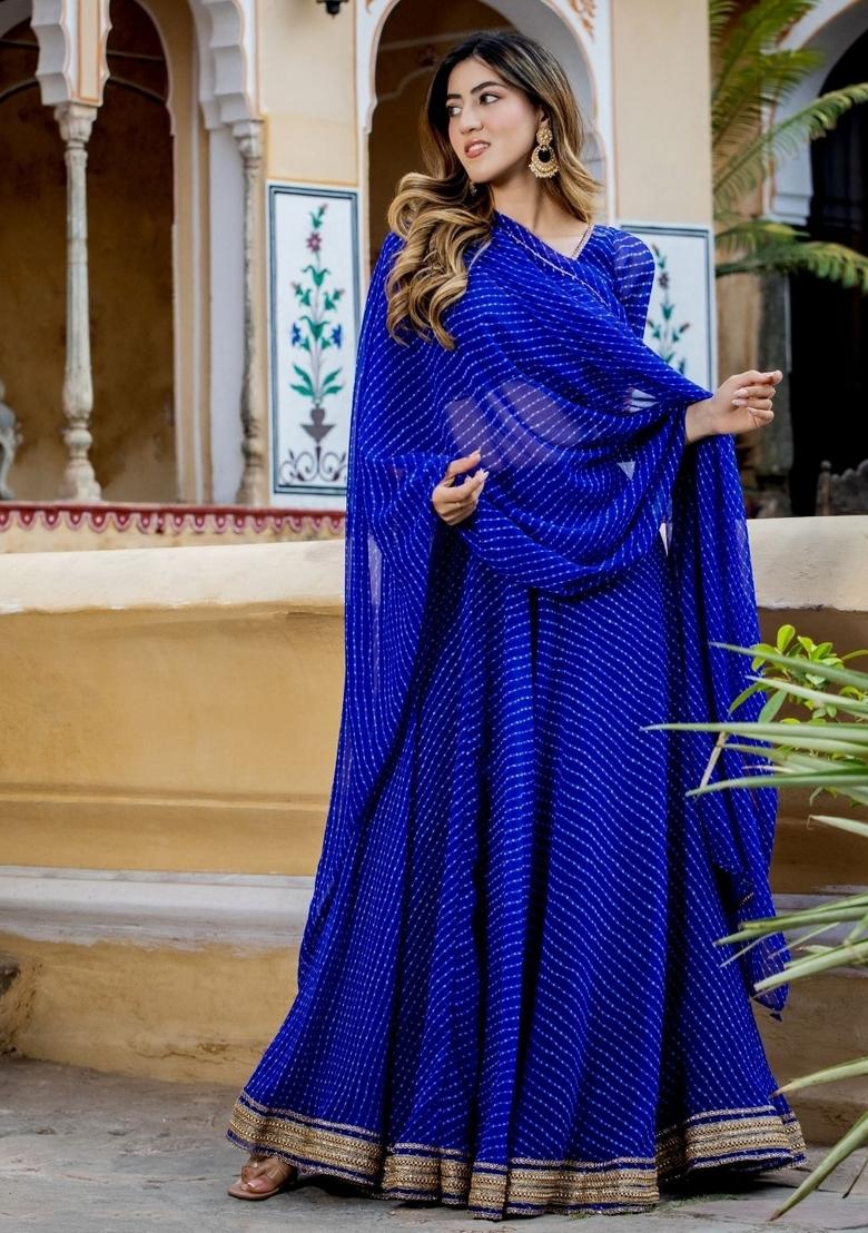 Blue Lehariya Crepe Lehenga Set - Indya