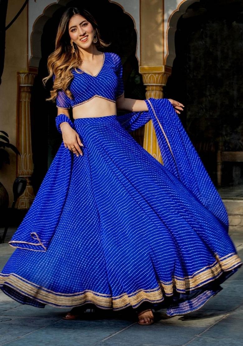 Blue Lehariya Crepe Lehenga Set - Indya