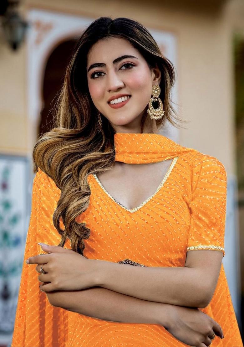 Orange Lehariya Crepe Lehenga Set - Indya