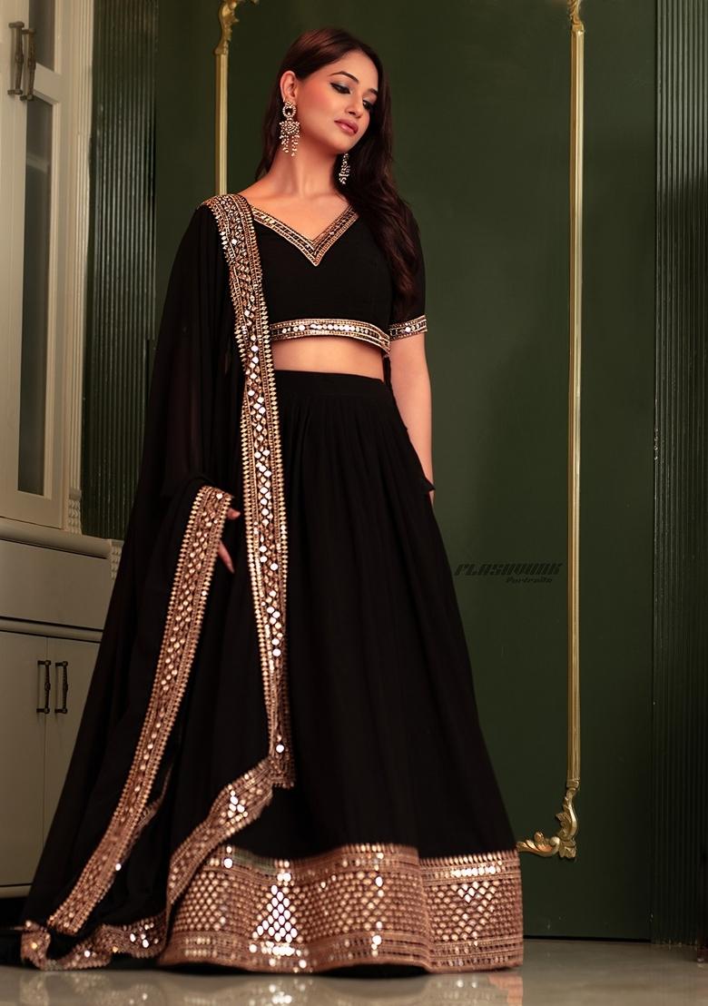 Black Sequins Work Crepe Lehenga Set - Indya