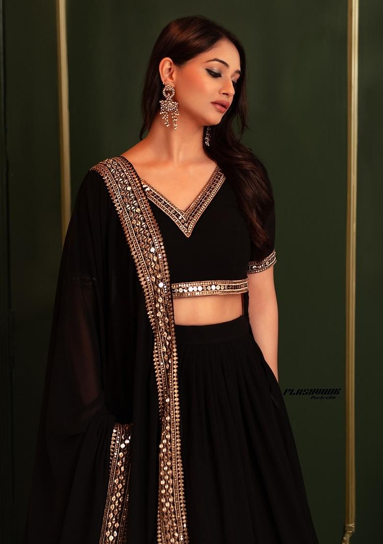 Black Sequins Work Crepe Lehenga Set - Indya