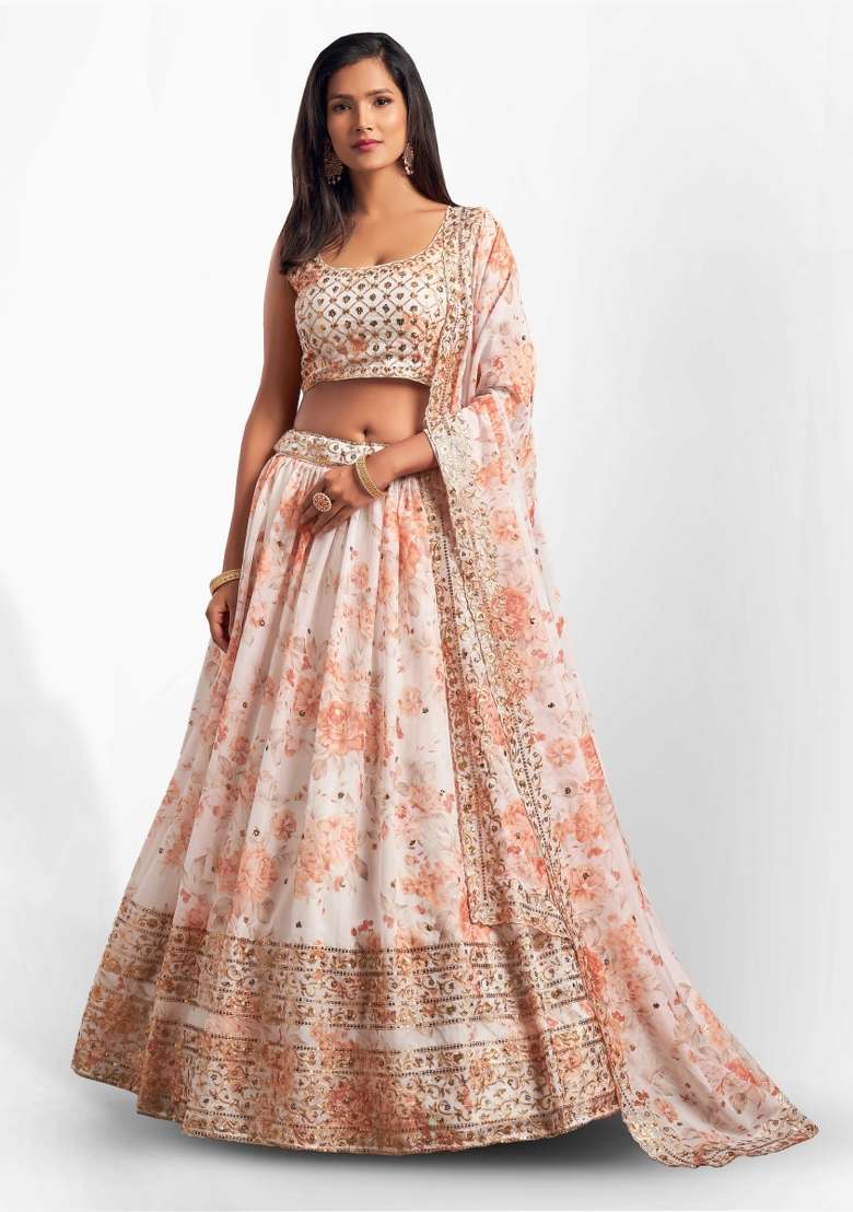 White Crepe Lehenga Set with Embroidered for Diwali | Wedding & Festive Wear - Indya