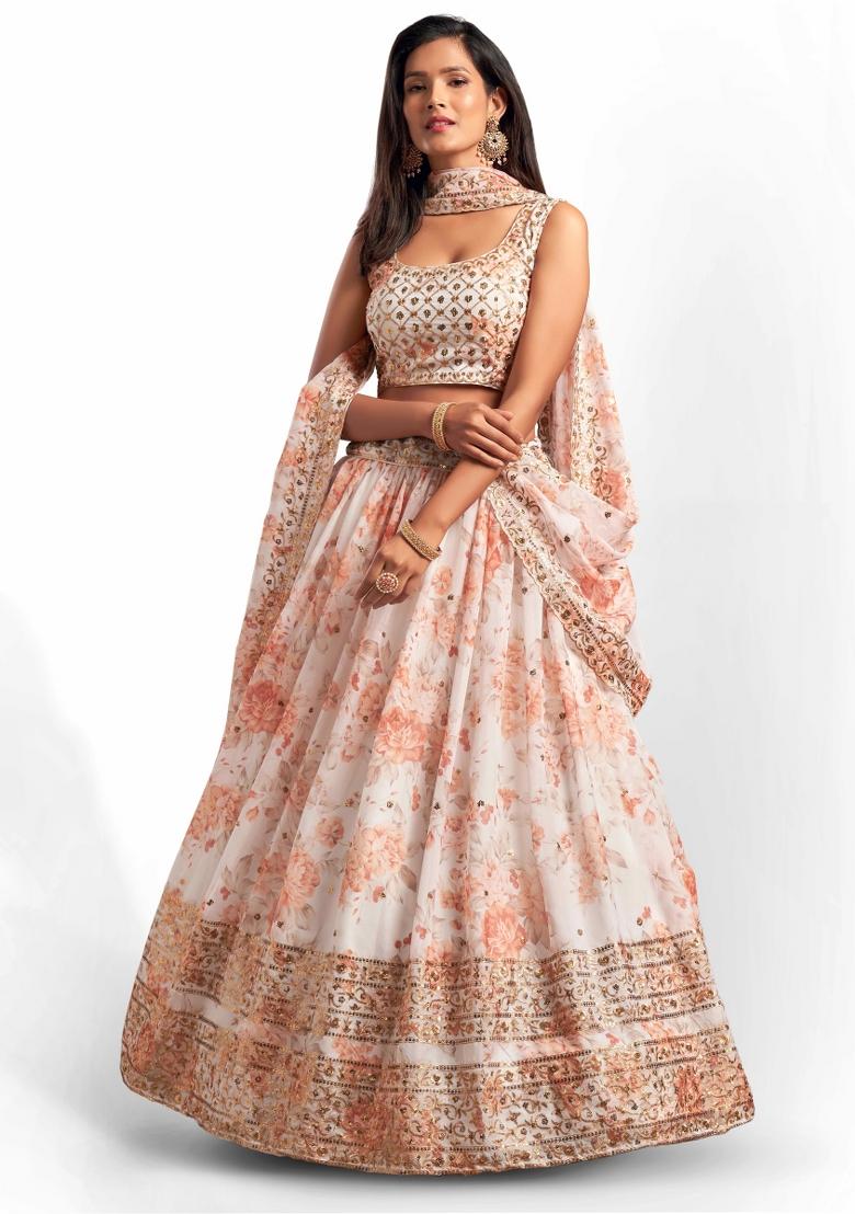 White Embroidered Crepe Lehenga Set - Indya