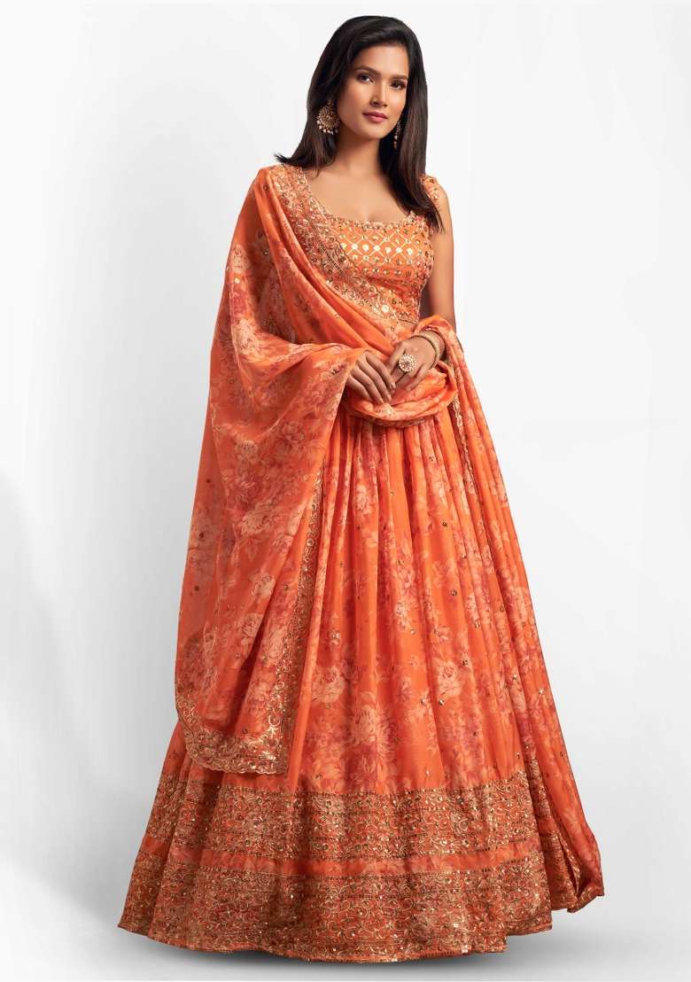 Orange Embroidered Crepe Lehenga Set for Diwali and Festive Wear - Indya