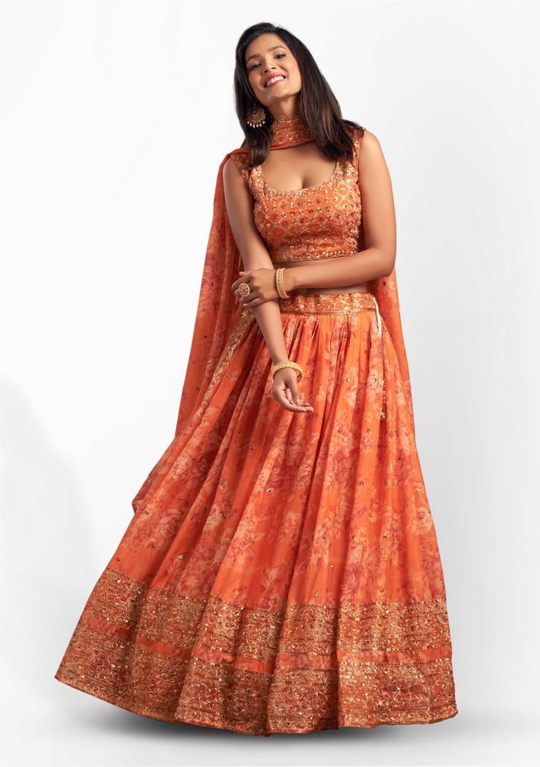 Orange Embroidered Crepe Lehenga Set - Indya