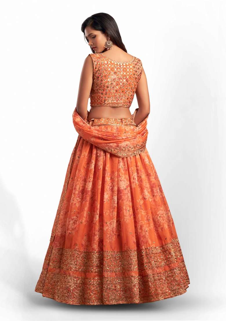 Orange Embroidered Crepe Lehenga Set for Diwali and Festive Wear - Indya