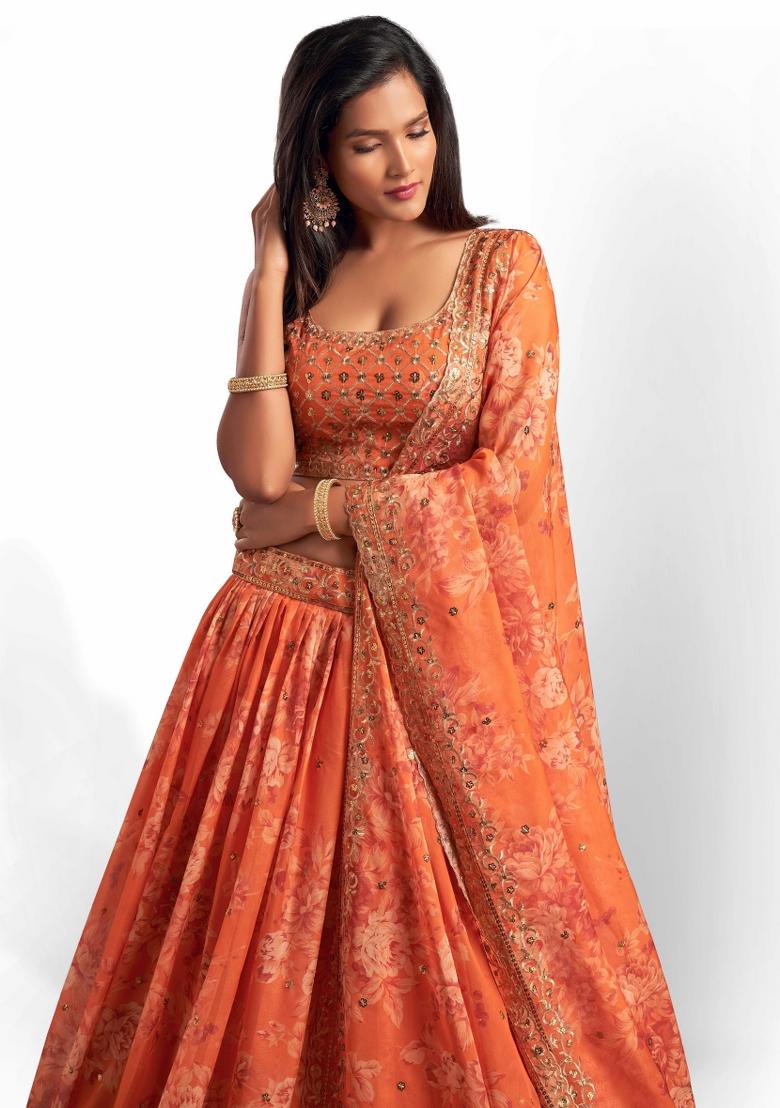Orange Embroidered Crepe Lehenga Set - Indya